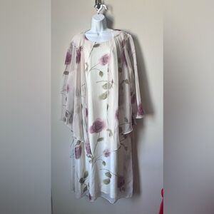Cream Floral Long Sleeve Overlay Dress with Mauve Roses